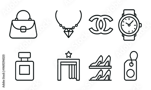 Fashion and accessories outline icons set – chic, stylish, vector graphics