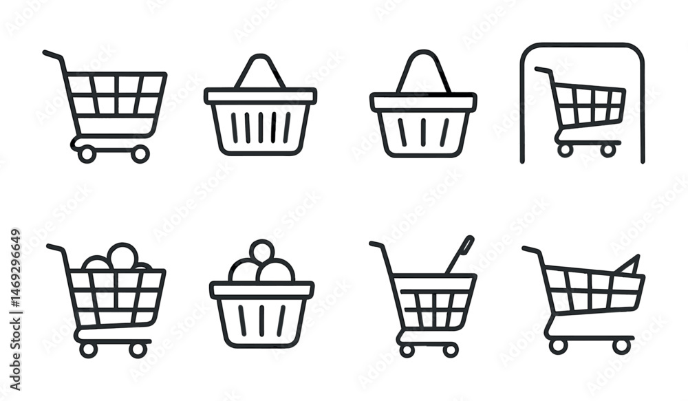 Shopping cart and basket outline icons set – linear, shopping, e-commerce symbols Shopping cart and basket outline icons set – linear, shopping, e-commerce symbols
