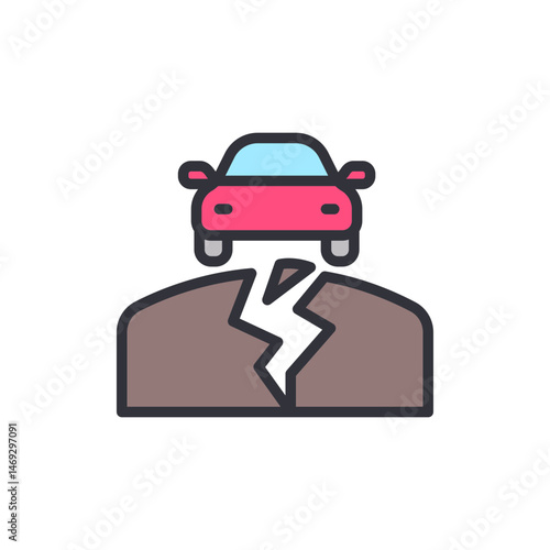 Earthquake damage with car, illustration of transport risk assessment concept