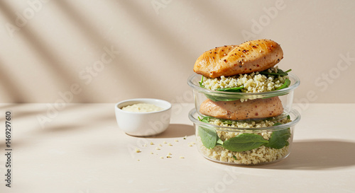 Grilled chicken with couscous and spinach in glass meal prep containers on beige background
