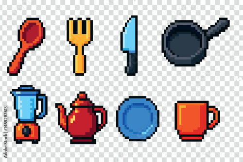 Kitchen utensils pixel art icons set – 3d, solid, cooking and culinary symbols