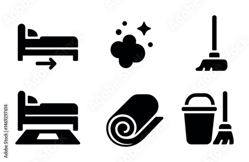 Cleaning and housekeeping icons set – solid, filled, sanitation and home care symbols