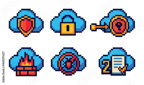 Cloud security pixel art icons set – digital, protection, firewall symbols