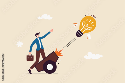 Launch new business idea, creativity and innovative winning solution, entrepreneurship or start up business concept, smart businessman entrepreneur launching light bulb idea from powerful cannon.