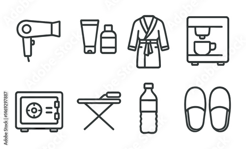 Hotel amenities line icons set – outline, hospitality, guest service symbols