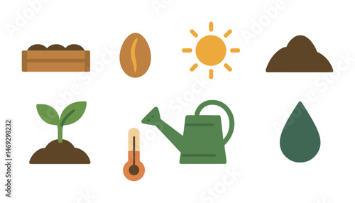 Gardening and agriculture flat icons set – planting, farming, horticulture symbols
