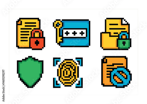 “cybersecurity and data protection pixel art icons set – security, privacy, digital safety”