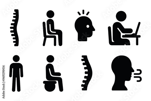 Ergonomic solid icons set – posture, workspace, healthy sitting symbols