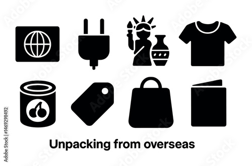 International travel solid icons set – flat, filled, global journey and unpacking symbols