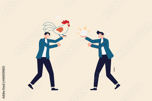 Business argument, conflict or disagreement, wasted meeting time arguing with no result, controversy question concept, businessman colleagues arguing or fight about chicken vs egg who come first.
