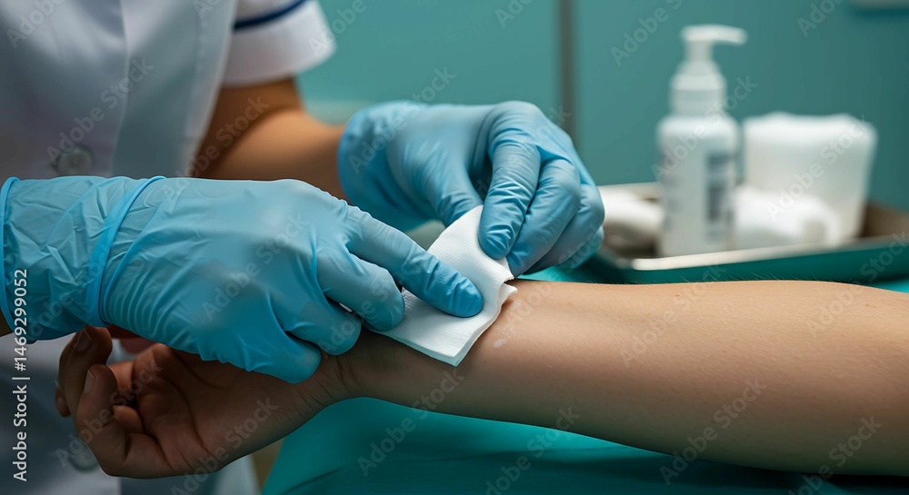 Close up captures a nurse in blue gloves carefully cleaning a patient's arm with cotton, symbolizing care, hygiene and preparation for medical Close up captures a nurse in blue gloves carefully cleaning a patient's arm with cotton, symbolizing care, hygiene and preparation for medical