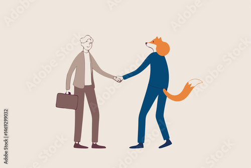 Dishonesty business deal, fraud or scam, liar to take advantage from partner, cheat or hunting for business victims concept, businessman handshaking with one as a sheep victim and one as hunter wolf.