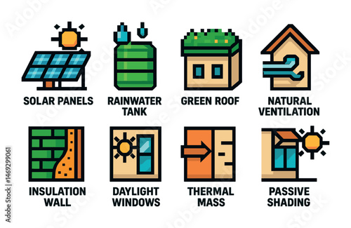 Sustainable living icons set – pixel art, eco-friendly, green building elements