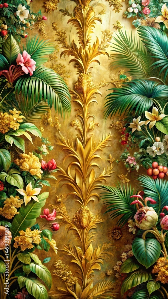 Obraz premium opulent gold leaf walls adorned with intricate floral patterns and tropical foliage