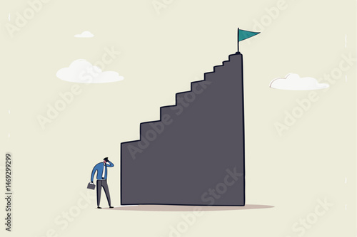 First step is hardest, learning curve or overcome difficulty when start new business, challenge to succeed in work concept, discouraged businessman looking at high steep first step of success stairway