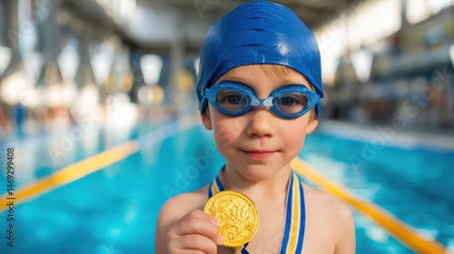 Boy swimmer with medal wearing goggles and cap