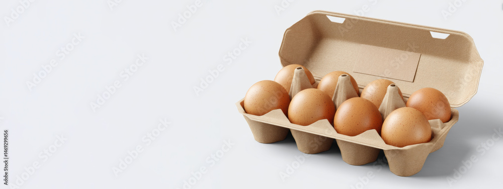 Fresh Brown Eggs in Open Recycled Pulp Carton With Kraft Label Placed on a Light Surface Generative AI