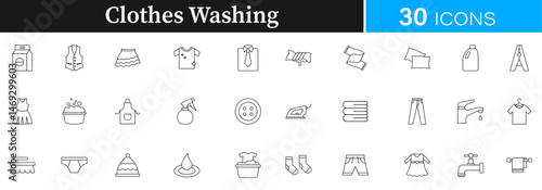 Clothes washing, washing clothes, laundry tips, washing machine, hand washing clothes, laundry detergent, fabric softener, washing instructions,icon pack | Detailed Outline | Editable Stoke 30 icon.