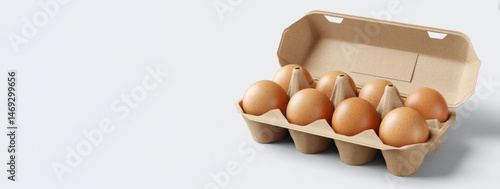 Obraz na płótnie Fresh Brown Eggs in Open Recycled Pulp Carton With Kraft Label Placed on a Light Surface Generative AI w salonie
