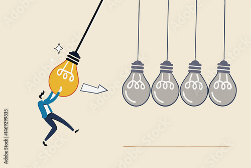 Knowledge sharing or skill transfer to inspire team, idea or creativity to motivate people or career improvement concept, businessman manager pull bright lightbulb as pendulum to transfer knowledge.
