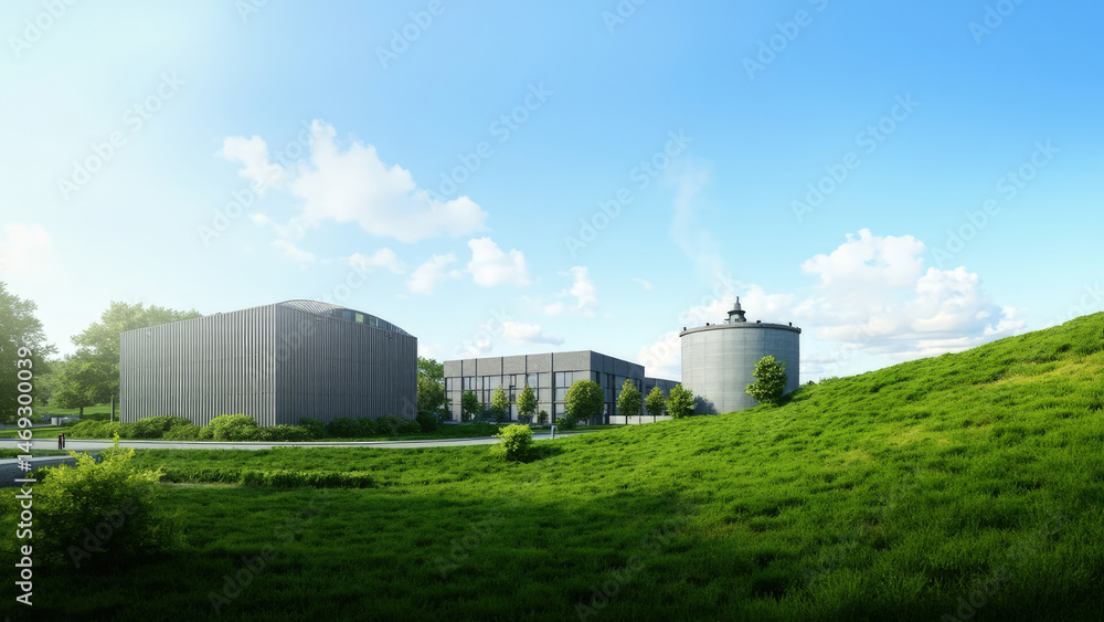 Fototapeta premium Modern architecture buildings with green grassy hill and blue sky illustrating sustainable design concepts