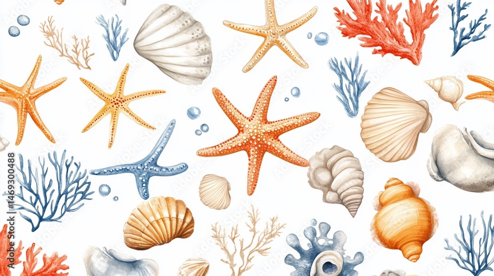 Watercolor sea life repeat pattern with shells and starfish for artistic decor Watercolor sea life repeat pattern with shells and starfish for artistic decor