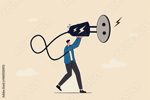 Recharge yourself, refresh or recover after tried, exhausted or burn out, charge full energy or supply motivation concept, exhausted overworked businessman plug electric to recharge energy.