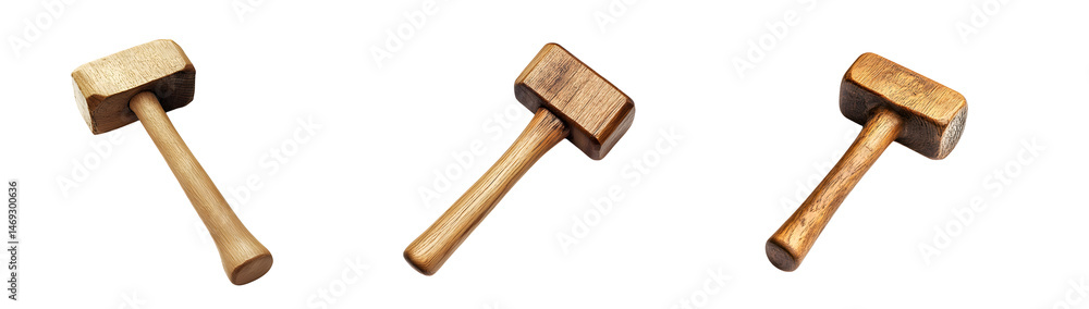 Set of simple wooden mallets with wooden handles, presented in a horizontal layout. Set of simple wooden mallets with wooden handles, presented in a horizontal layout.