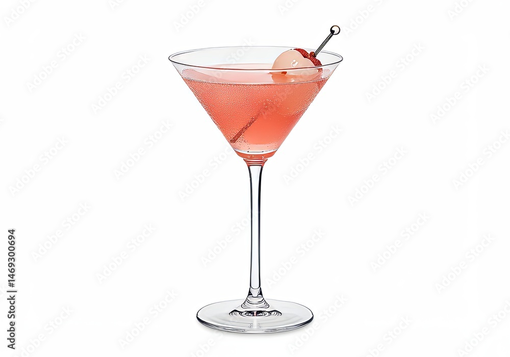 Elegant cosmopolitan cocktail presentation on white, clear glassware and pink hues Elegant cosmopolitan cocktail presentation on white, clear glassware and pink hues