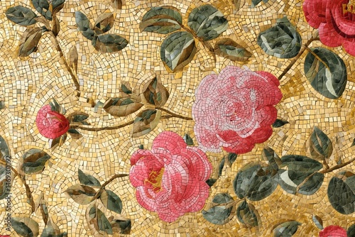 Mosaic floral texture with pink and red roses