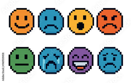 Emotion pixel art icons set – pixelated, emoticons, and facial expressions graphics