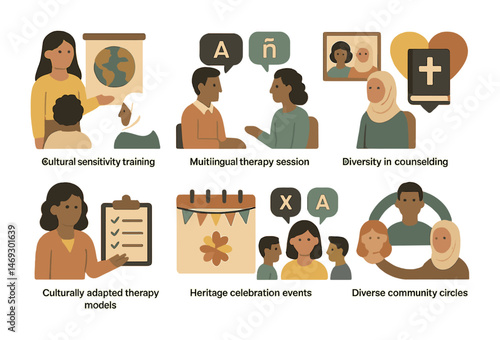 Cultural sensitivity flat icons set – diversity, community, inclusive symbols