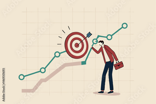 Marketing target audience research, business analysis to increase sale, target group or focused customer concept, businessman marketer holding magnifying glass analyze customer data graph and chart.