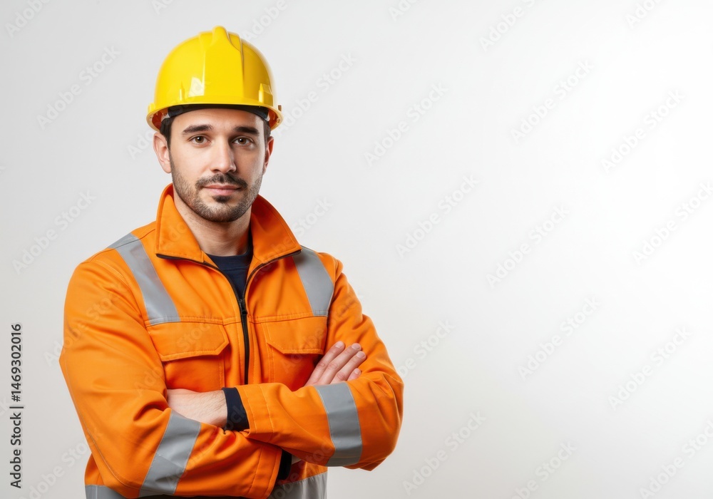 Confident Construction Worker in Orange Safety Suit isolated on white background Confident Construction Worker in Orange Safety Suit isolated on white background