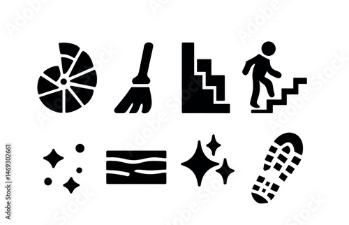 Cleaning and maintenance solid icons set – silhouette, filled, janitorial symbols