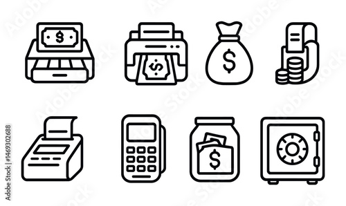 Finance and banking outline icons set – linear, money, financial symbols