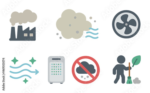 Air pollution awareness silhouette icons set – environmental, cleaning, sustainability