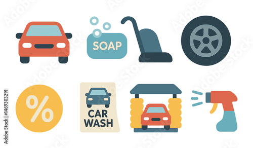 Car wash services flat icons set – automotive, cleaning, maintenance graphics