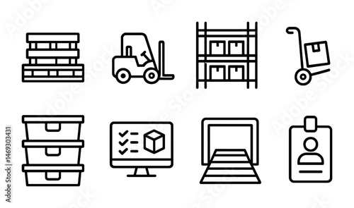 Warehouse and logistics outline icons set – linear, supply chain, packaging symbols
