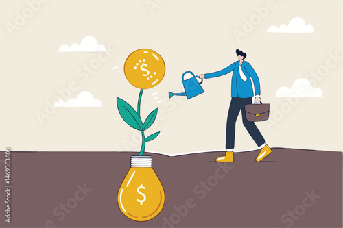 Monetize idea, make profit from creativity or innovation, earn money thinking, startup or fund raising concept, smart business watering on growing money coin seedling plant from lightbulb idea.