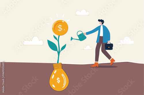 Monetize idea, make profit from creativity or innovation, earn money thinking, startup or fund raising concept, smart business watering on growing money coin seedling plant from lightbulb idea.
