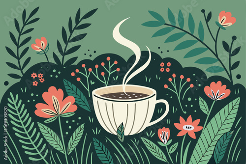 77 a steaming cup of tea in the middle of a lush, verdant garden, surrounded by vibrant flowers, ferns, and foliage, painted in a whimsical, illustrative style, warm and cozy atmosphere, intricate det