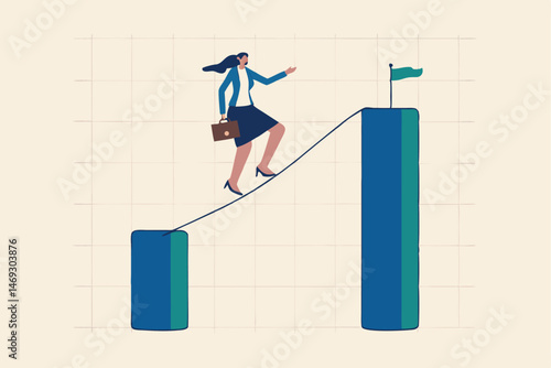 Career challenge or growth and improvement, risk taking to be success or leadership to overcome difficulty to achieve target concept, confidence businesswoman walking on the rope up to higher goal.
