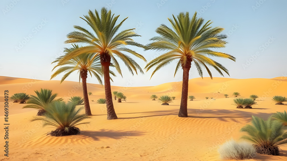 Obraz premium Golden desert landscape with tall palm trees, soft sand dunes, and clear blue sky—capturing a serene oasis scene that represents nature, travel, tranquility, and the beauty of arid environments