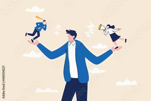 Employee voice, listen to colleague opinion or idea, choose to believe in truth, fact or liar team member concept, businessman manager or boss listening to employees shouting on both his hands.
