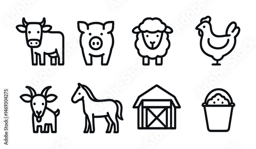 Farm animals icons set – outline, linear, barnyard and livestock symbols