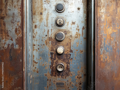 c. Elevator panel with missing floor buttons and scratched metal surface showing years of wear in an old apartment block 