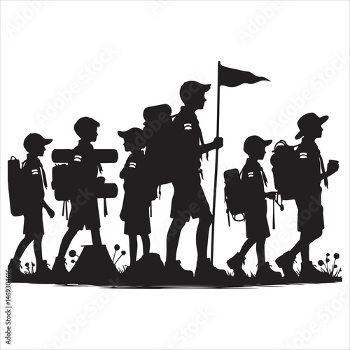Black silhouette of school kids marching in scout uniforms, clear and dynamic on a white background 