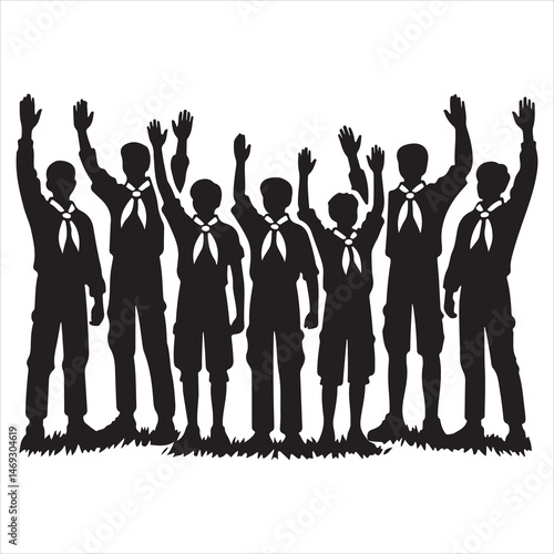 Black silhouette of school kids marching in scout uniforms, clear and dynamic on a white background 