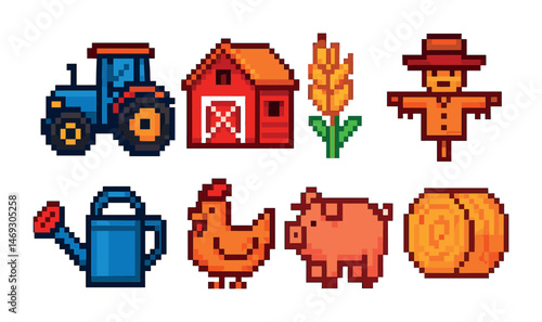 Farm and agriculture pixel art icons set – vintage, retro, farming symbols